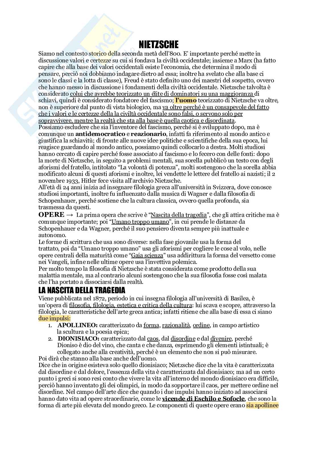 Appunti di Storia della filosofia moderna su Nietzsche e Freud  Pag. 1