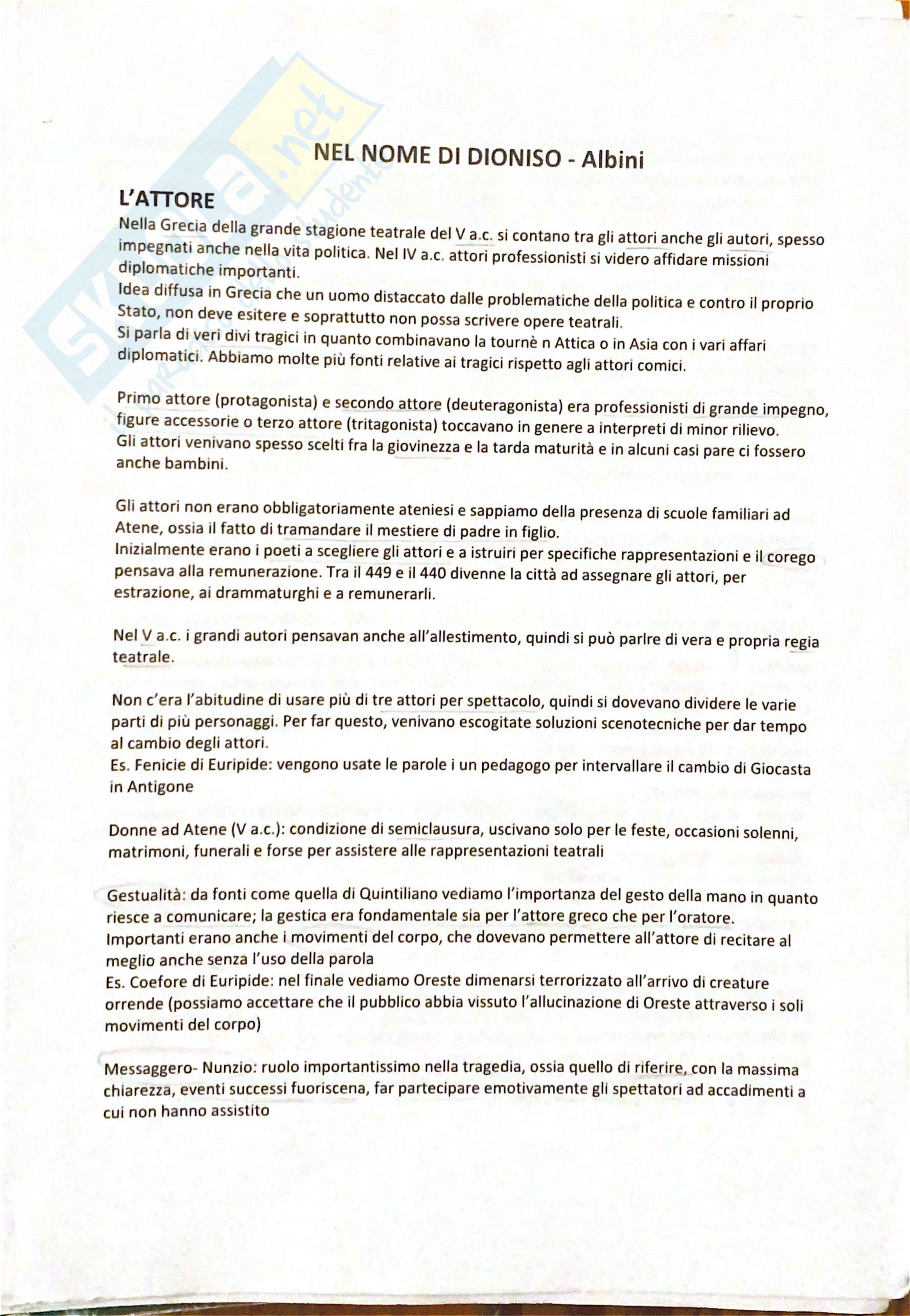 Riassunto esame Drammaturgia classica, Prof. Galimi Valeria, libro consigliato Nel nome di Dioniso, Albini Pag. 1