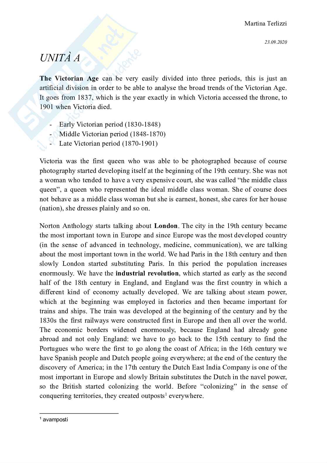 Letteratura inglese: Late Victorian and Modernist Literature Pag. 1