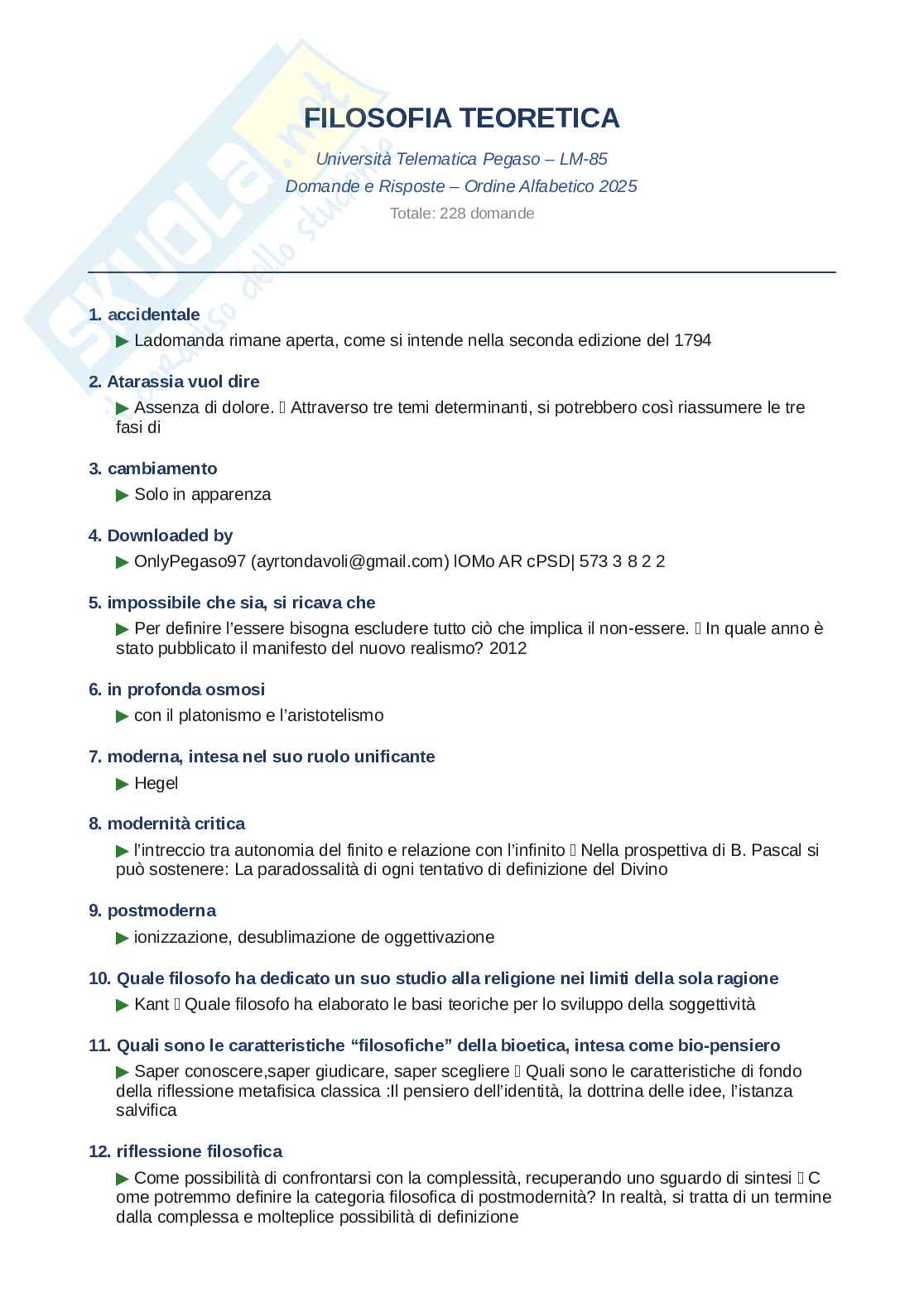 Domande e risposte Filosofia teoretica, ordine alfabetico 2025 Pag. 1