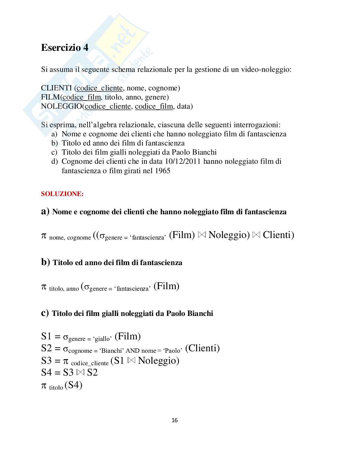 Esercizi di Algebra Relazionale