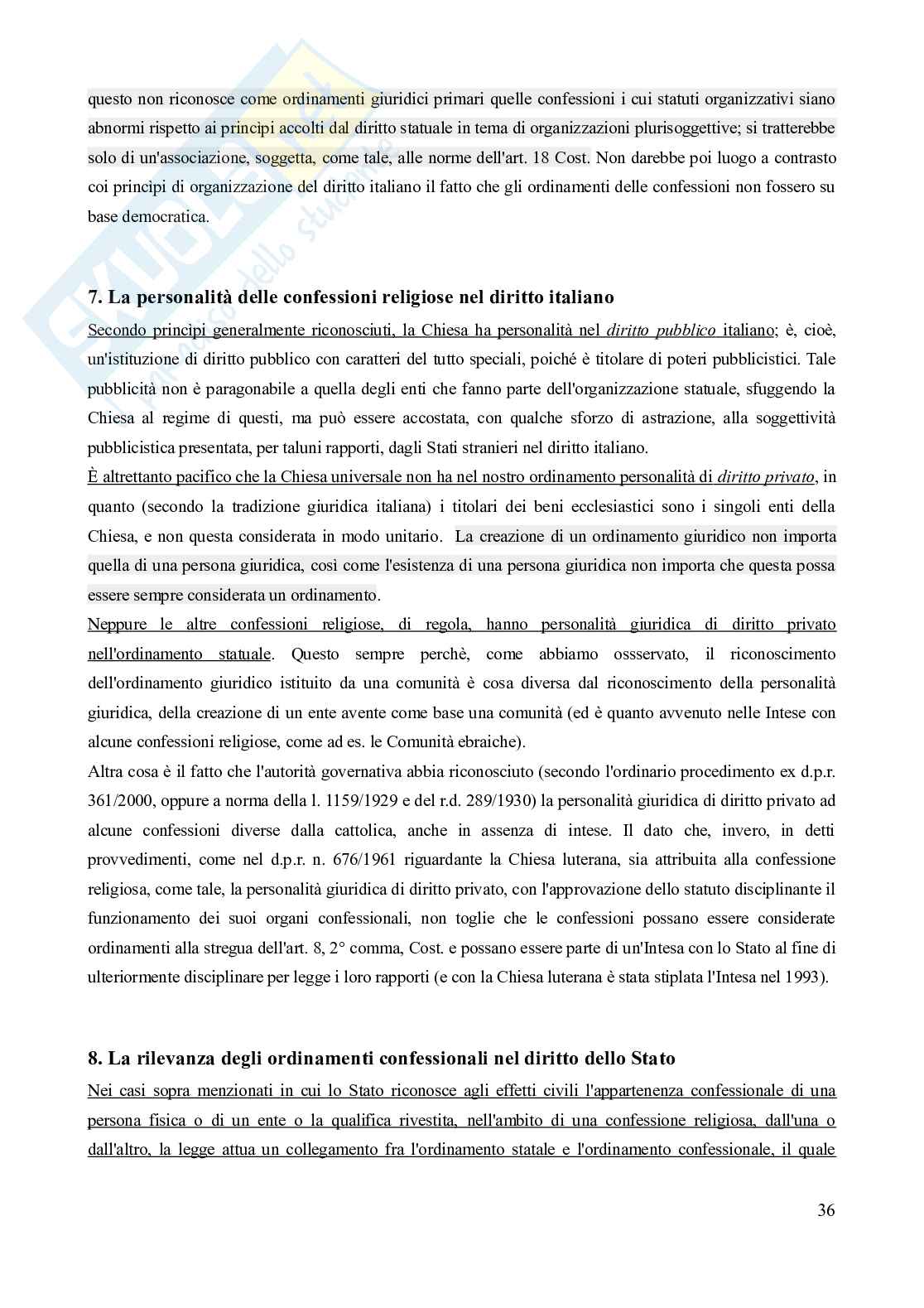 Riassunto esame Diritto ecclesiastico, Prof. Marano Venerando, libro consigliato Diritto ecclesiastico, Finocchiaro Pag. 36