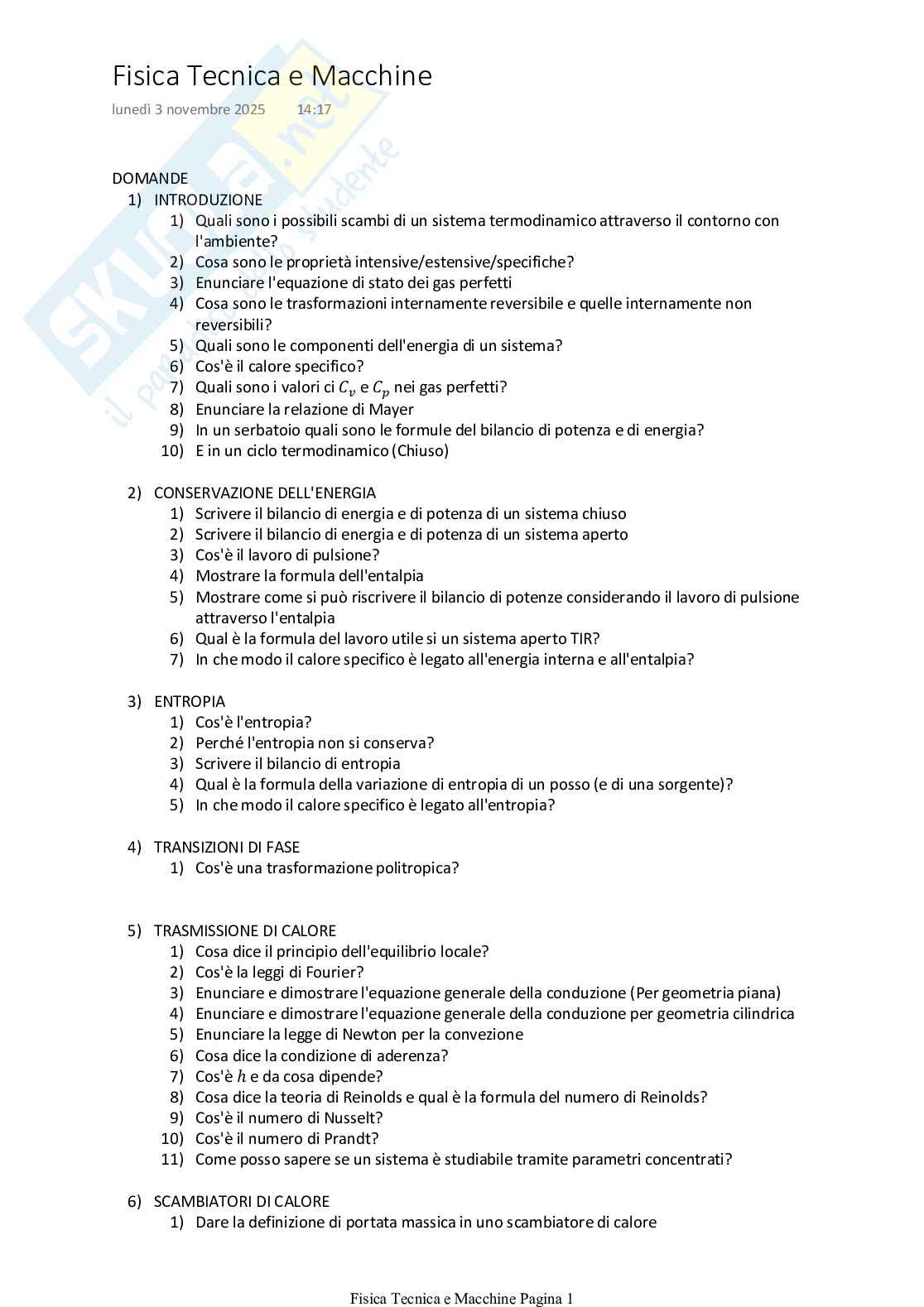 Elenco domande e risposte per allenarsi all'esame di Fisica tecnica e macchine Pag. 1