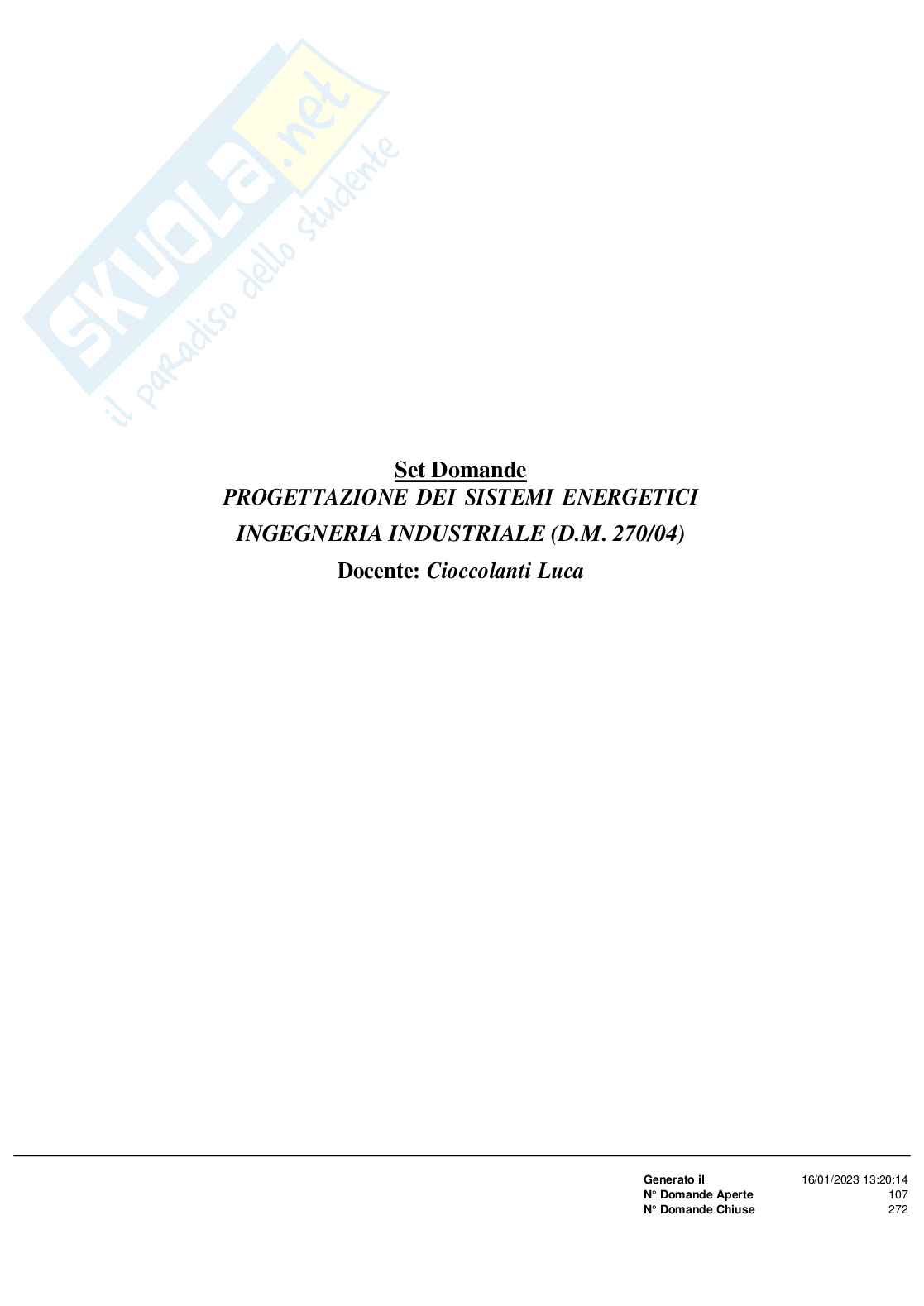 Paniere Progettazione di sistemi energetici Pag. 1