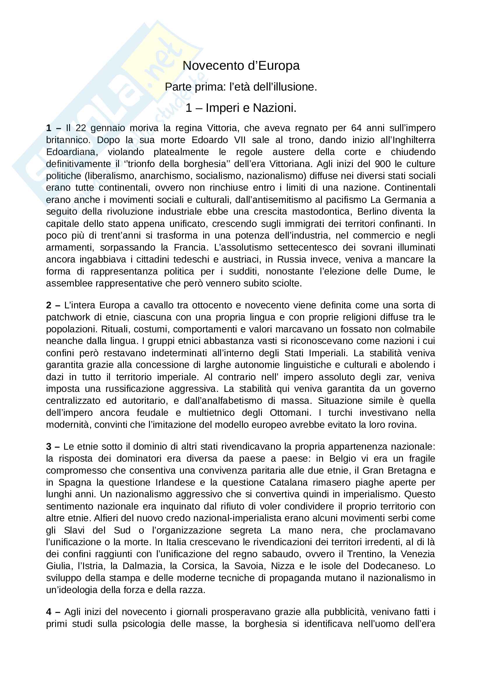 Riassunto esame Storia politica, sociale e culturale dell'età contemporanea, prof. Guiso, libro consigliato Novecento d'Europa, Colarizi Pag. 1