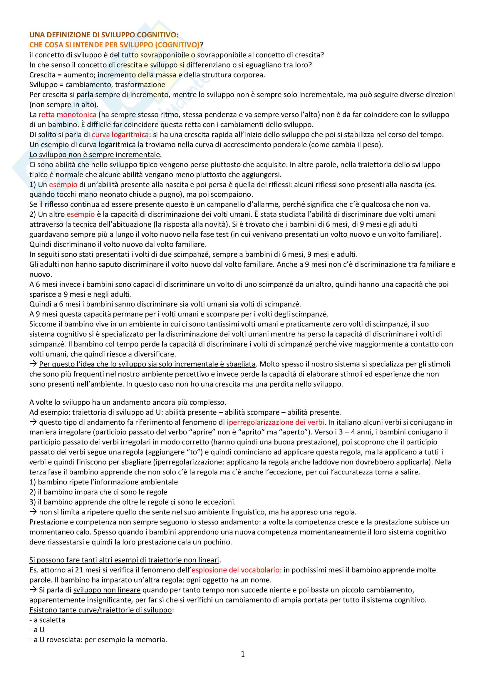 Sunto di psicologia dello sviluppo cognitivo, prof Turati, libro consigliato Lo sviluppo della mente umana" (Macchi Cassia), "Manuale di psicologia dello sviluppo, Barone Pag. 1