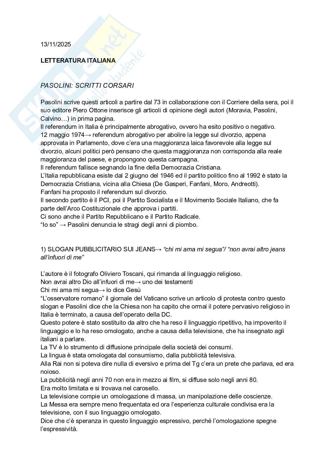 Appunti di Letteratura italiana moderna e contemporanea su “Scritti Corsari” Pag. 1