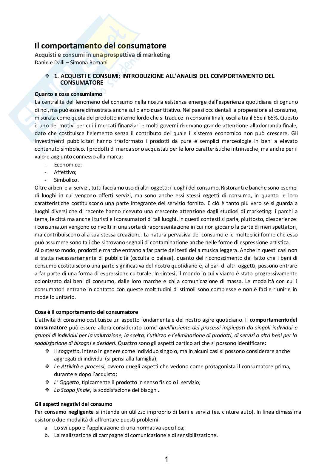 Riassunto esame Analisi del comportamento del consumatore, prof. Dalli, libro consigliato: Il comportamento del consumatore, Dalli e Romani Pag. 1