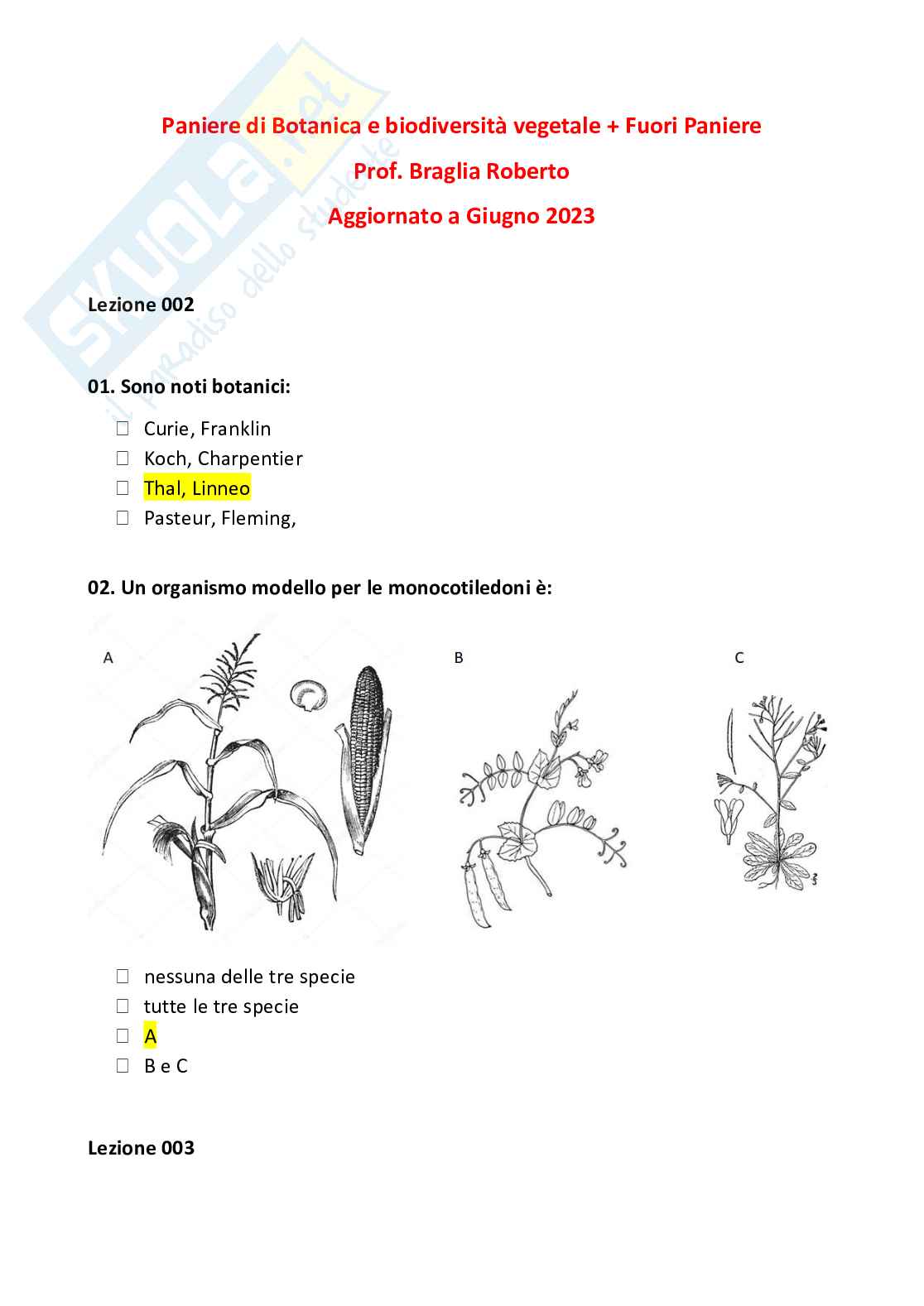 Paniere + fuori paniere di Botanica e biodiversità vegetale Pag. 1