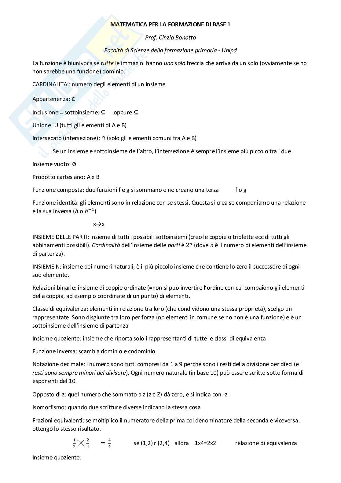 Riassunto appunti matematica per la formazione di base 1 Pag. 1