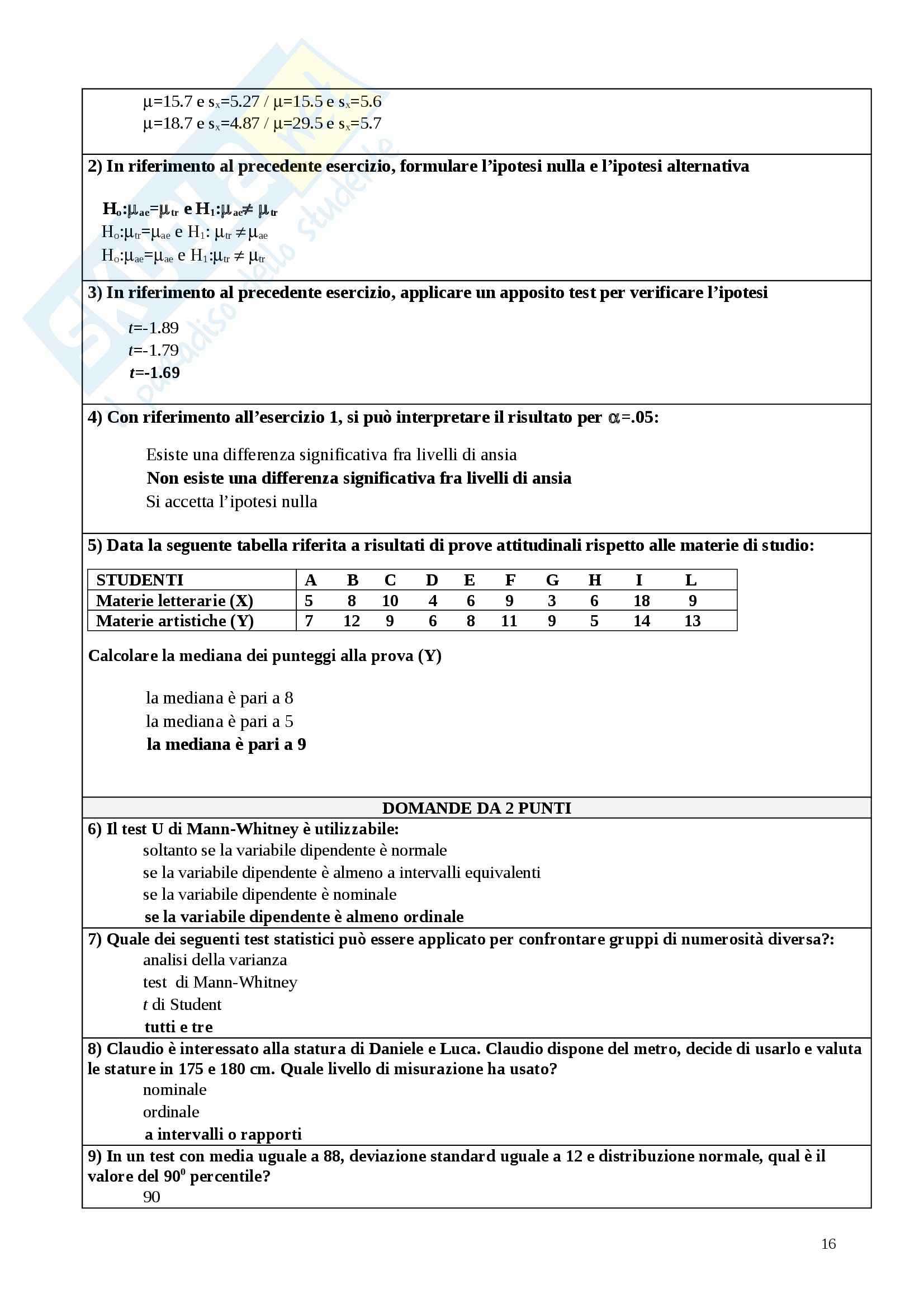 Domande di Statistica e Psicometria Pag. 16