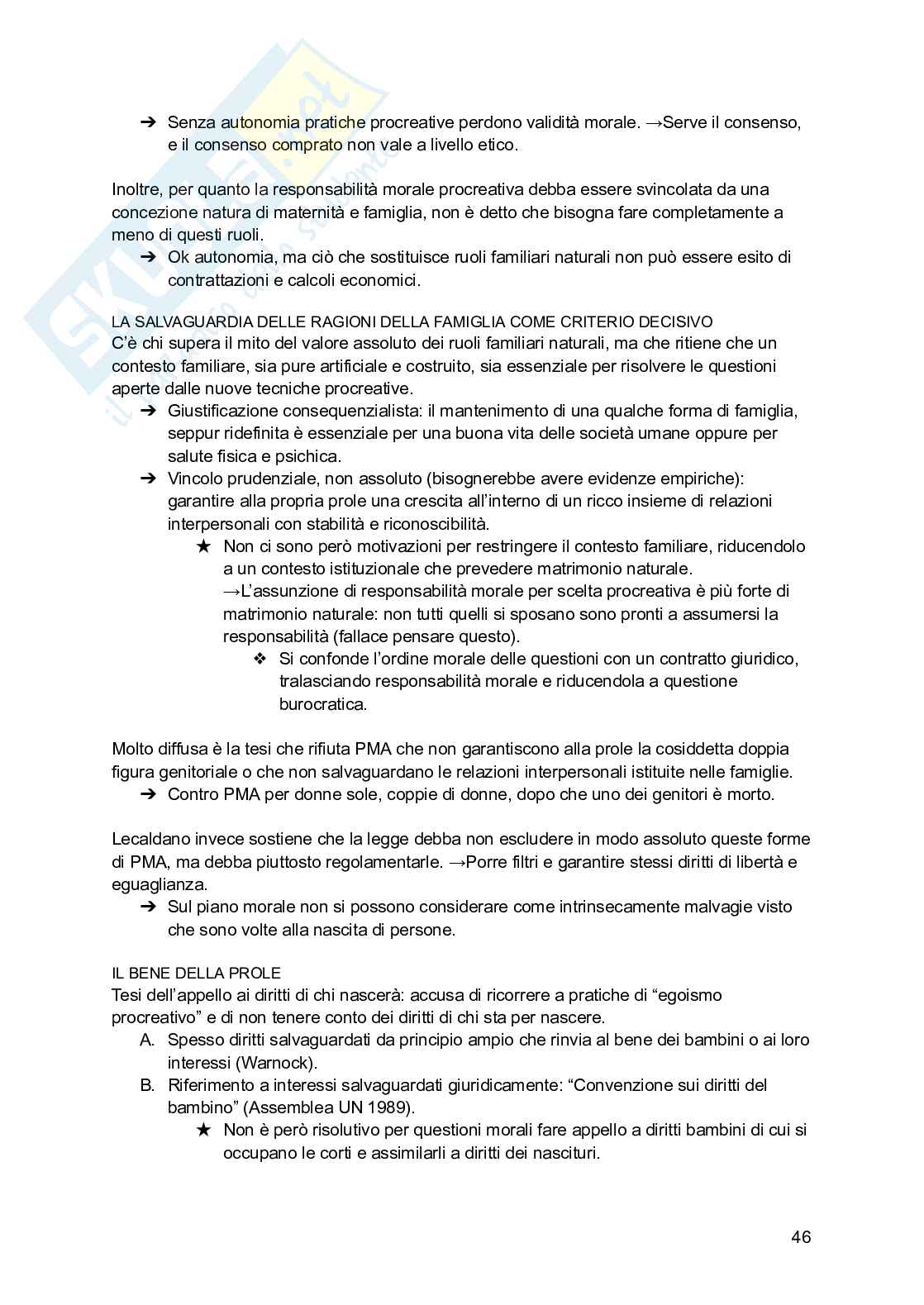 Riassunto esame Bioetica, Prof. Vantin Serena, libro consigliato Bioetica: le scelte morali (cap 1-2-3), Lecaldano Pag. 46