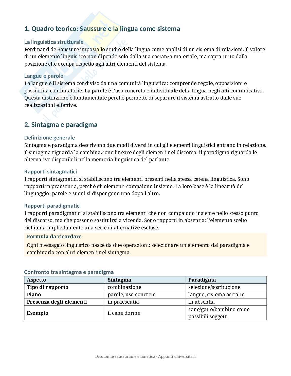 Dicotomie saussuriane e fondamenti di fonetica Pag. 1