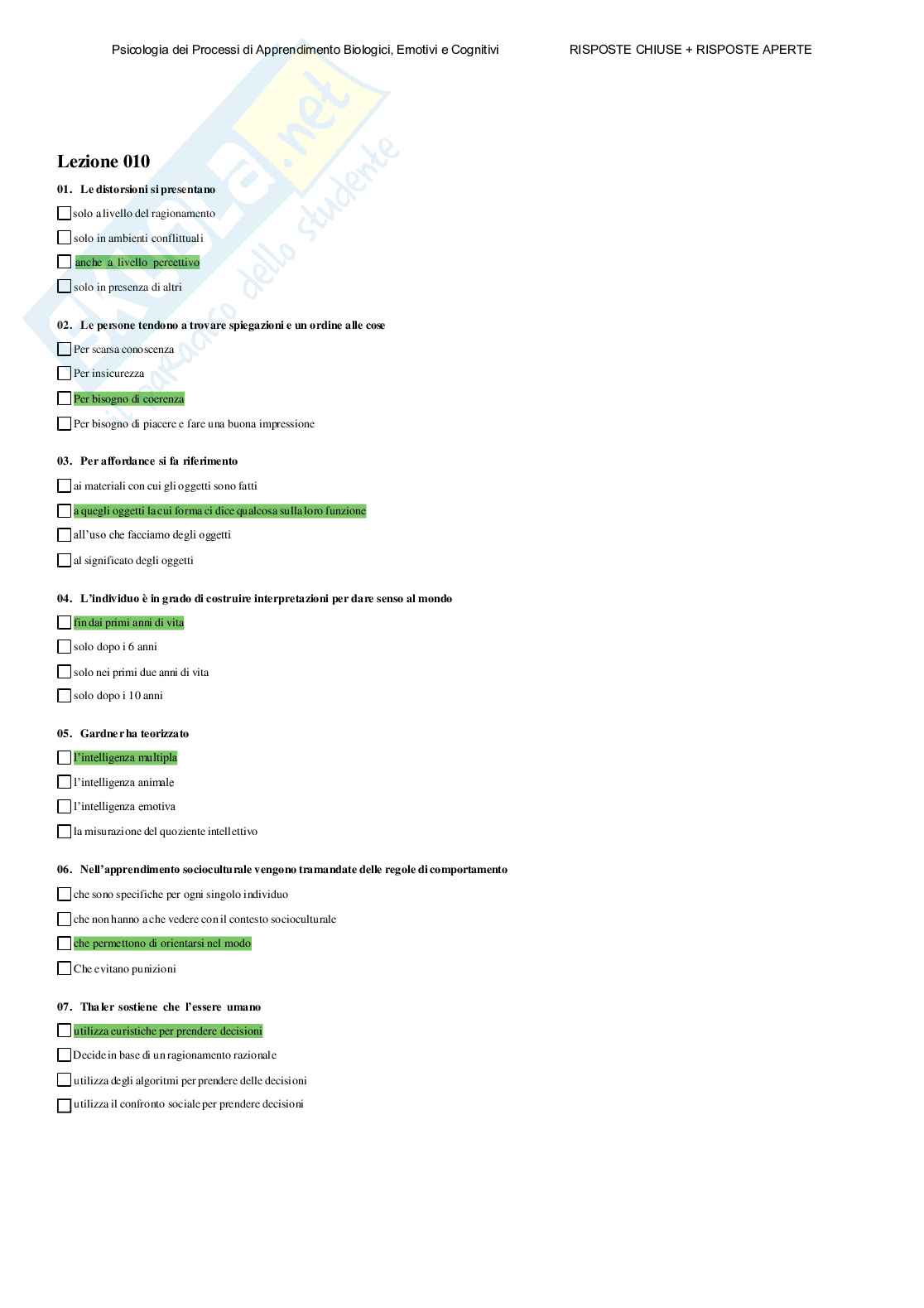 Psicologia dei processi di apprendimento biologici, emotivi e cognitivi - Paniere compilato Pag. 11