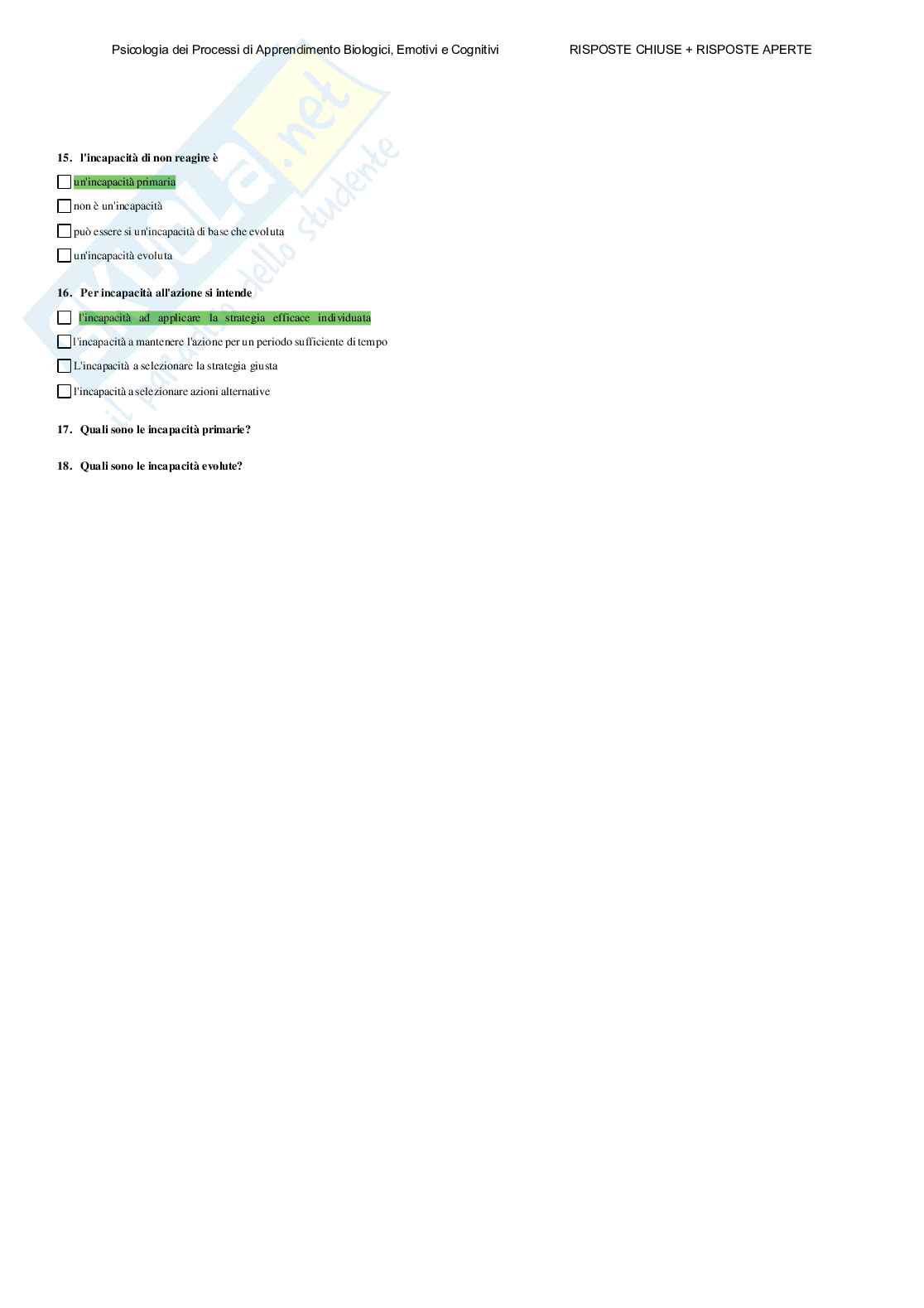 Psicologia dei processi di apprendimento biologici, emotivi e cognitivi - Paniere compilato Pag. 36