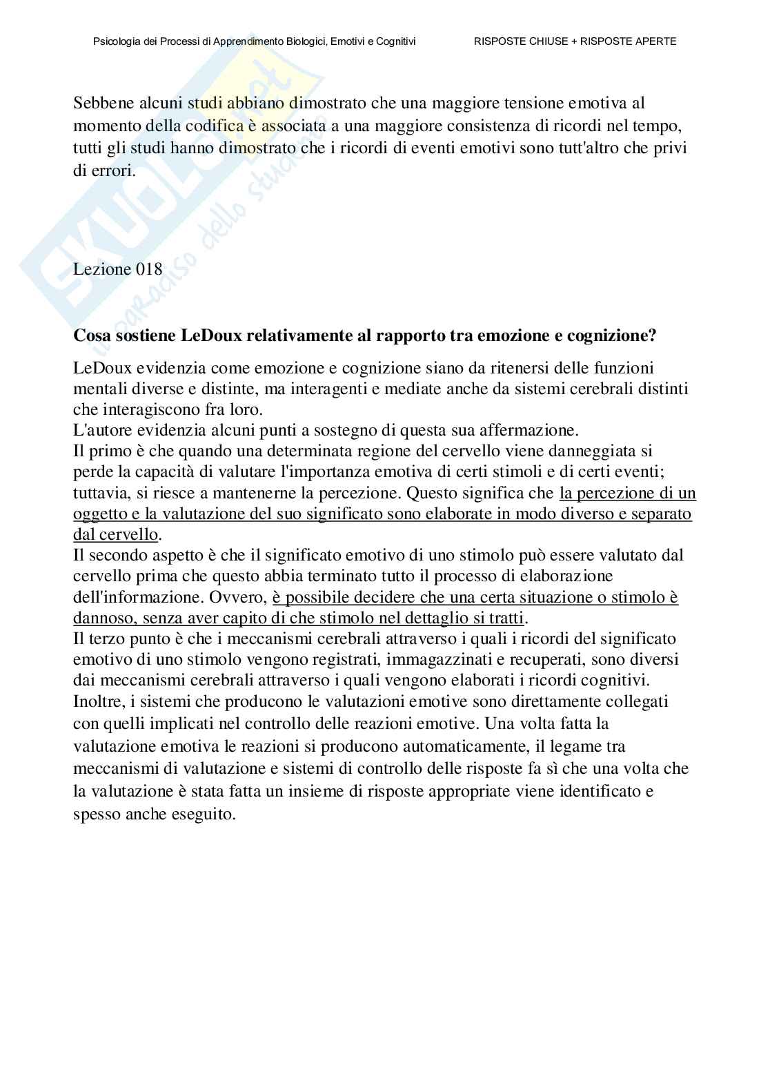 Psicologia dei processi di apprendimento biologici, emotivi e cognitivi - Paniere compilato Pag. 51