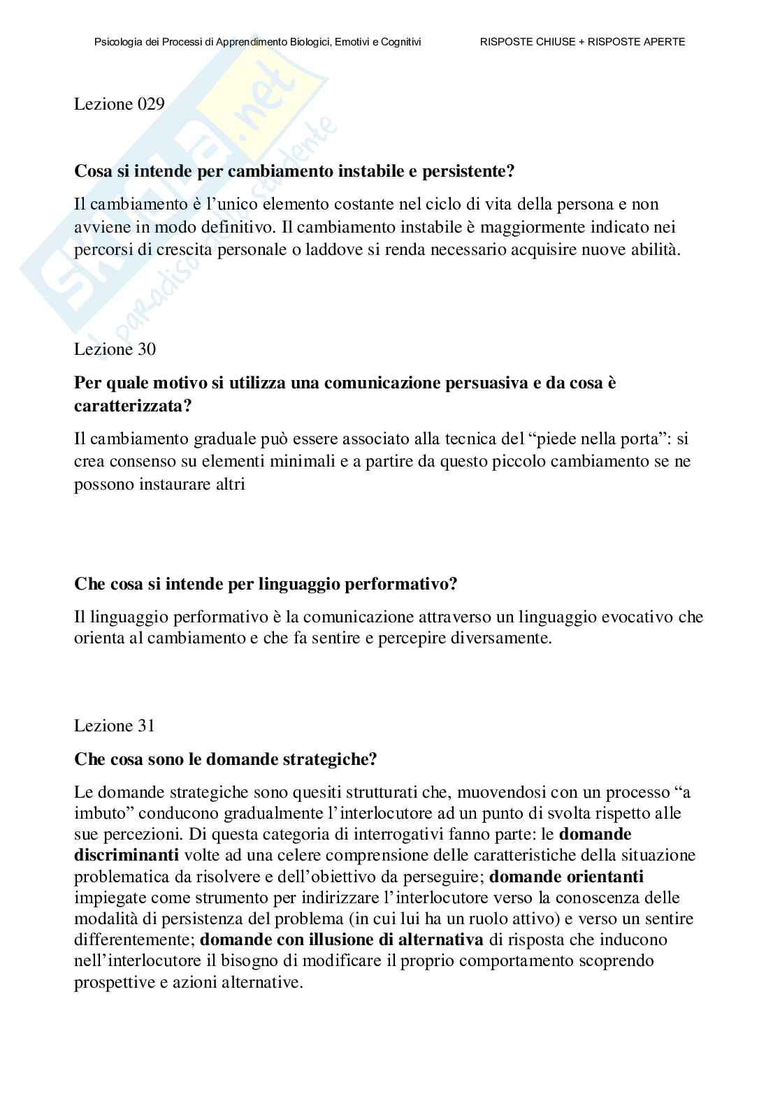 Psicologia dei processi di apprendimento biologici, emotivi e cognitivi - Paniere compilato Pag. 56