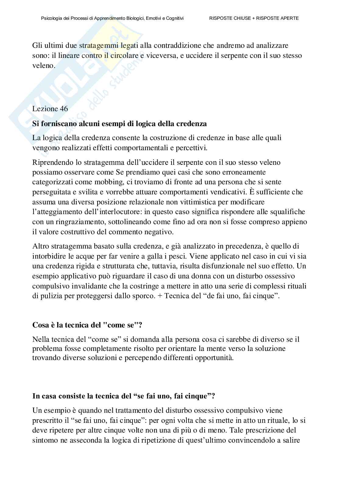 Psicologia dei processi di apprendimento biologici, emotivi e cognitivi - Paniere compilato Pag. 61