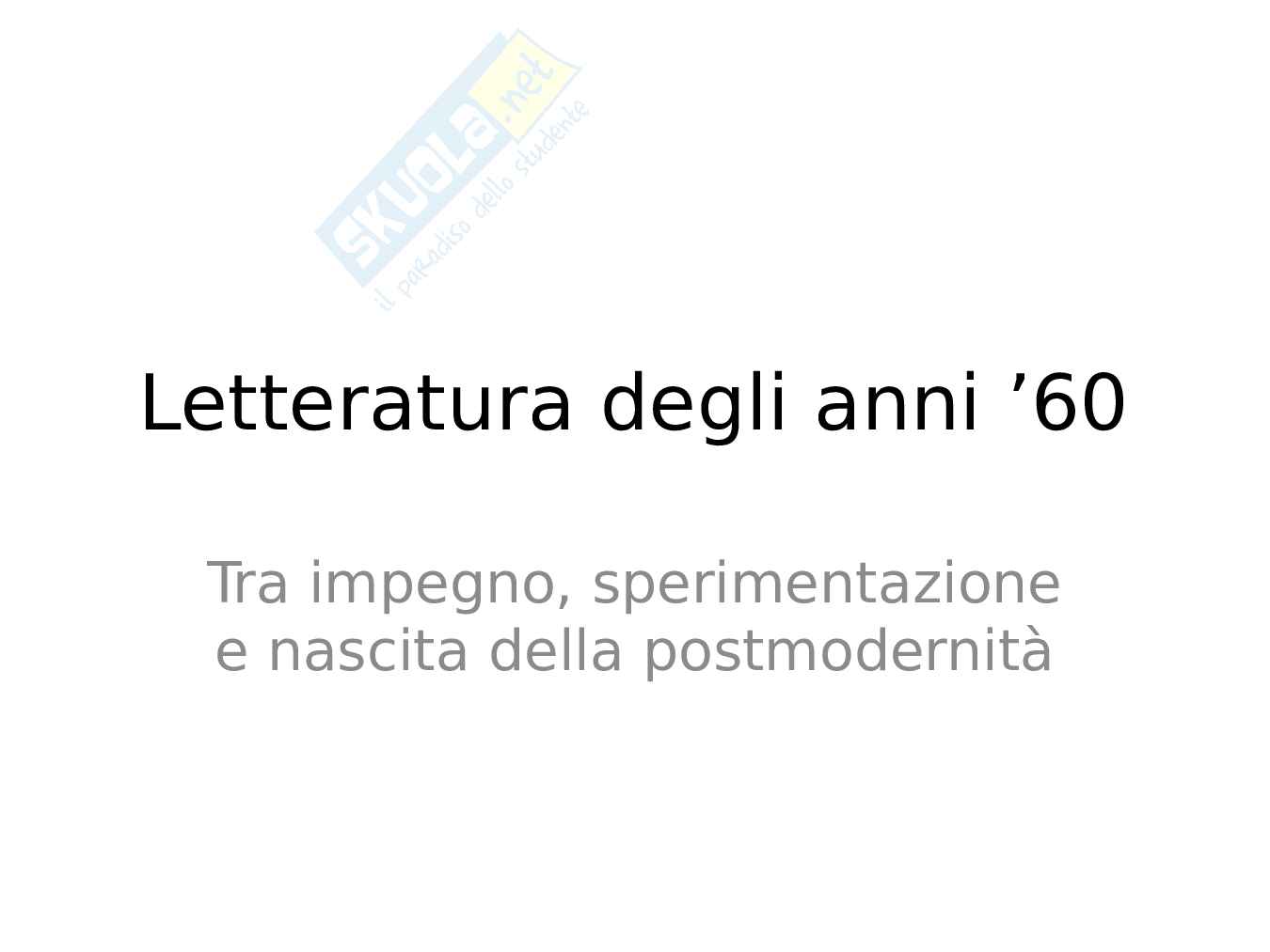 Letteratura italiana degli anni ’60 – Boom economico e nuove forme narrative Pag. 1