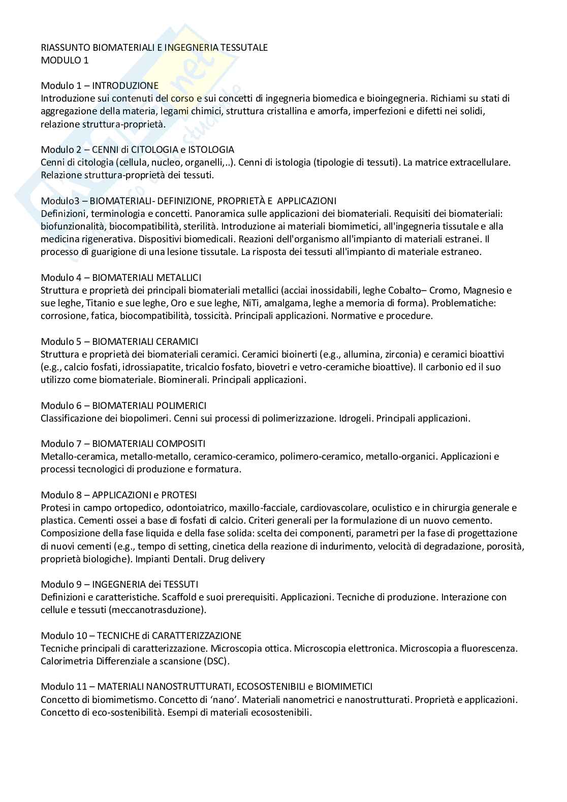 Appunti modulo 1 Biomateriali e ingegneria tissutale Pag. 1