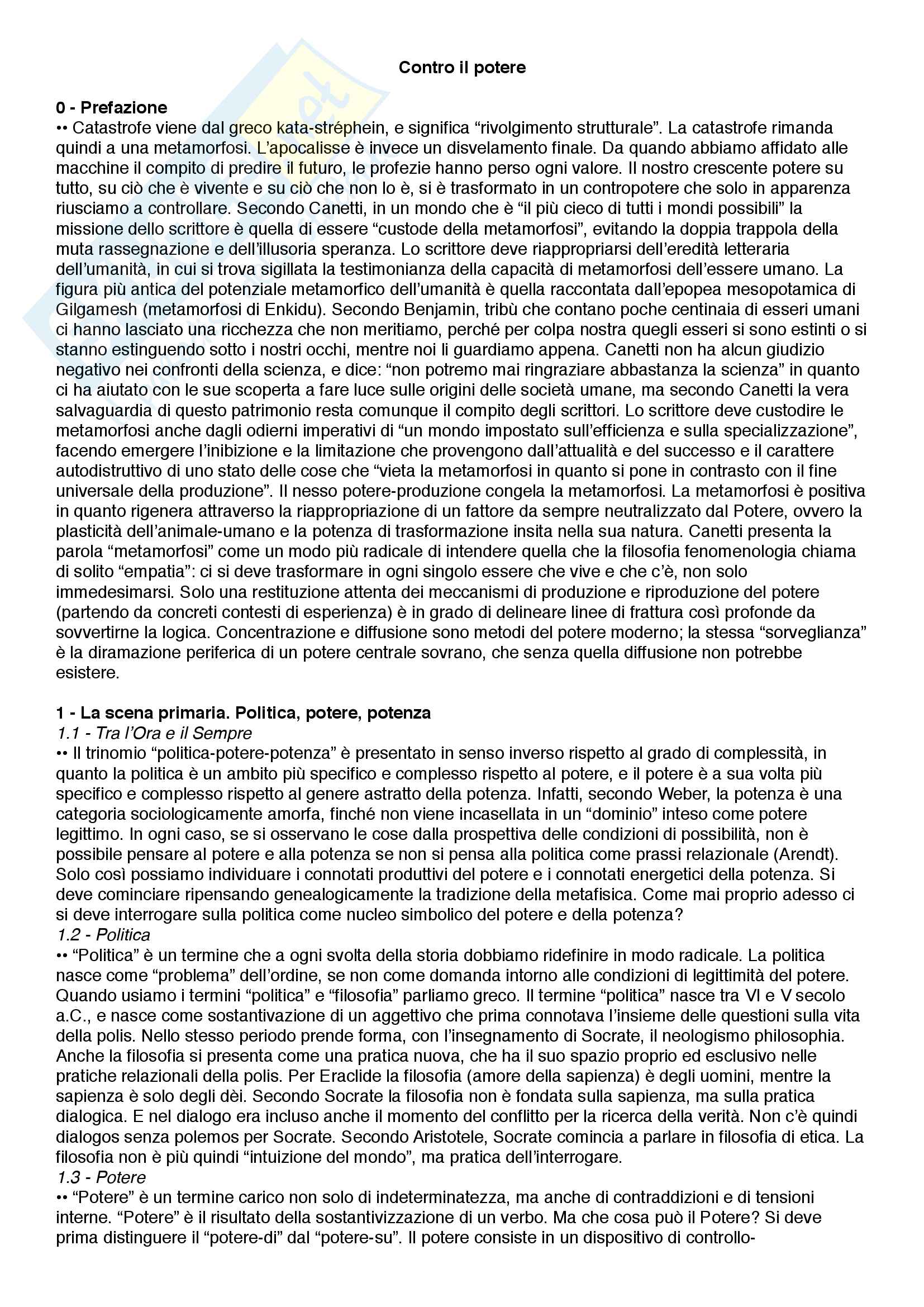 Riassunto esame Filosofia, società e comunicazione, prof. Marramao, libro consigliato Contro il potere, Marramao Pag. 1