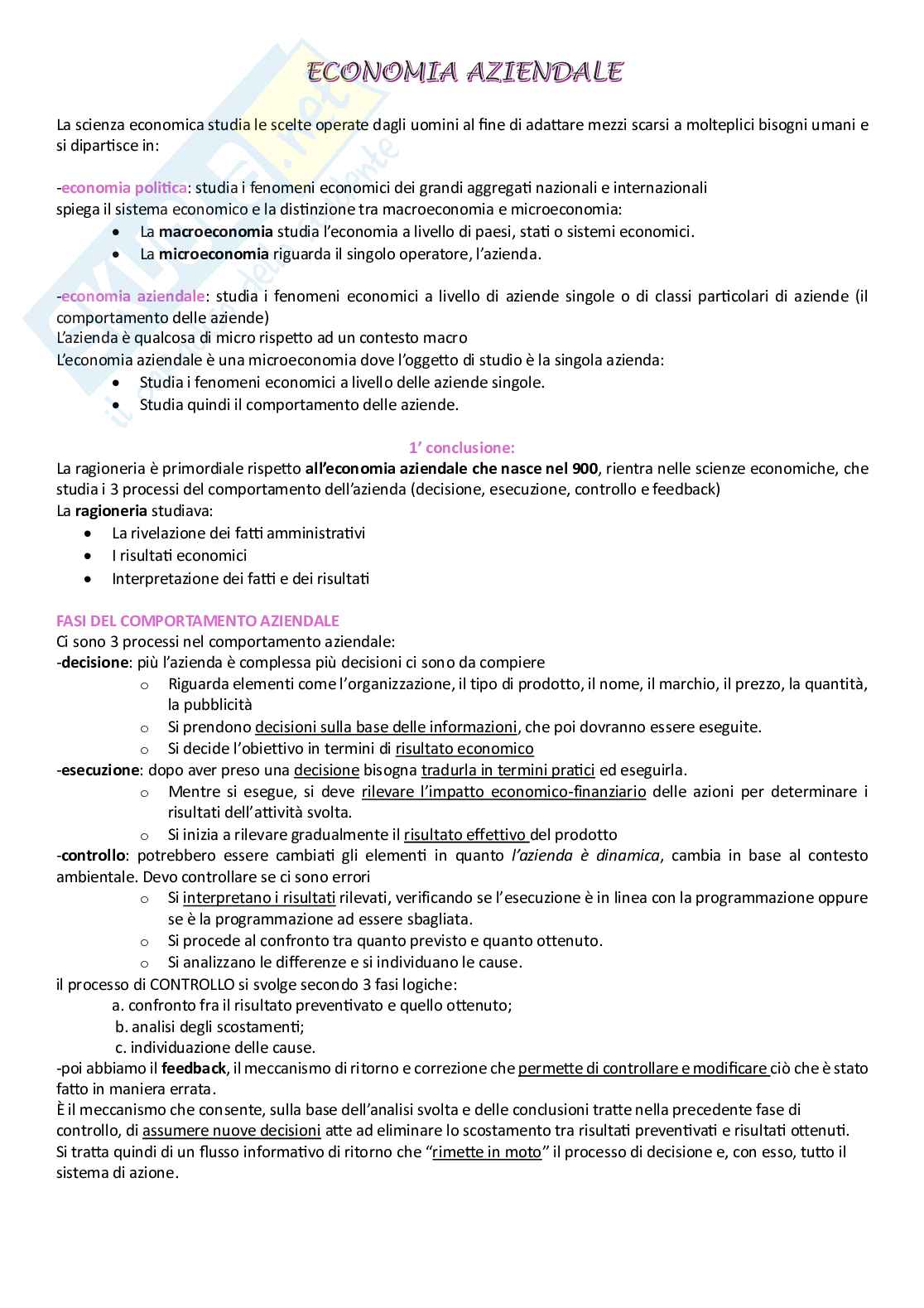 Riassunto esame Economia Aziendale, Prof. Paoloni Mauro, libro consigliato Introduzione ed orientamento allo studio delle aziende, Paoloni   Pag. 1