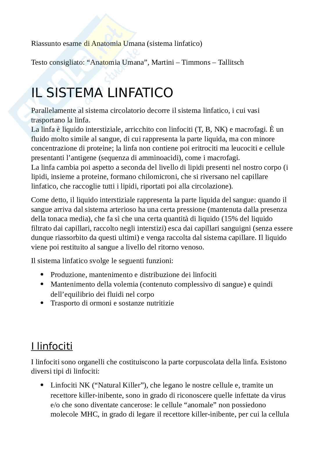 Riassunto esame di Anatomia Umana, libro consigliato Anatomia umana, Martini, Timmons, Tallitsch (parte sistema linfatico) Pag. 1