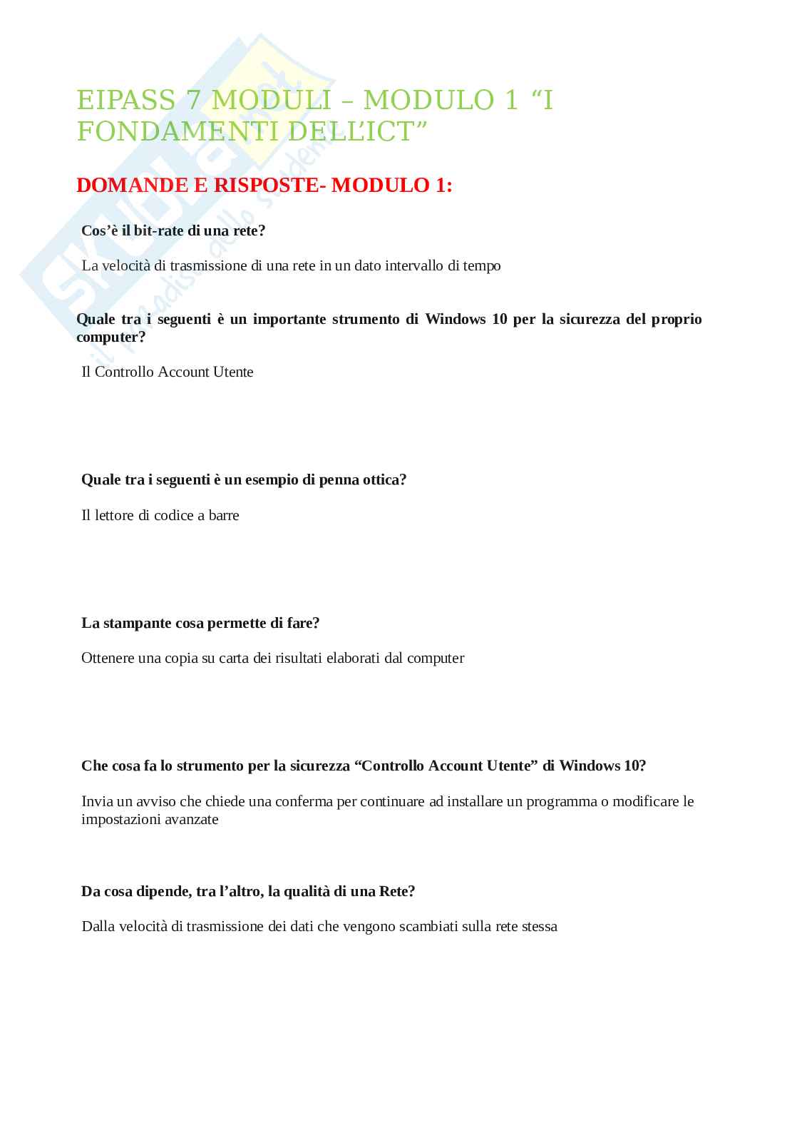 Risposte Eipass 7 Moduli- Modulo 1: I fondamenti dell'ICT. Aggiornato e completo con Extra. In ordine Pag. 1