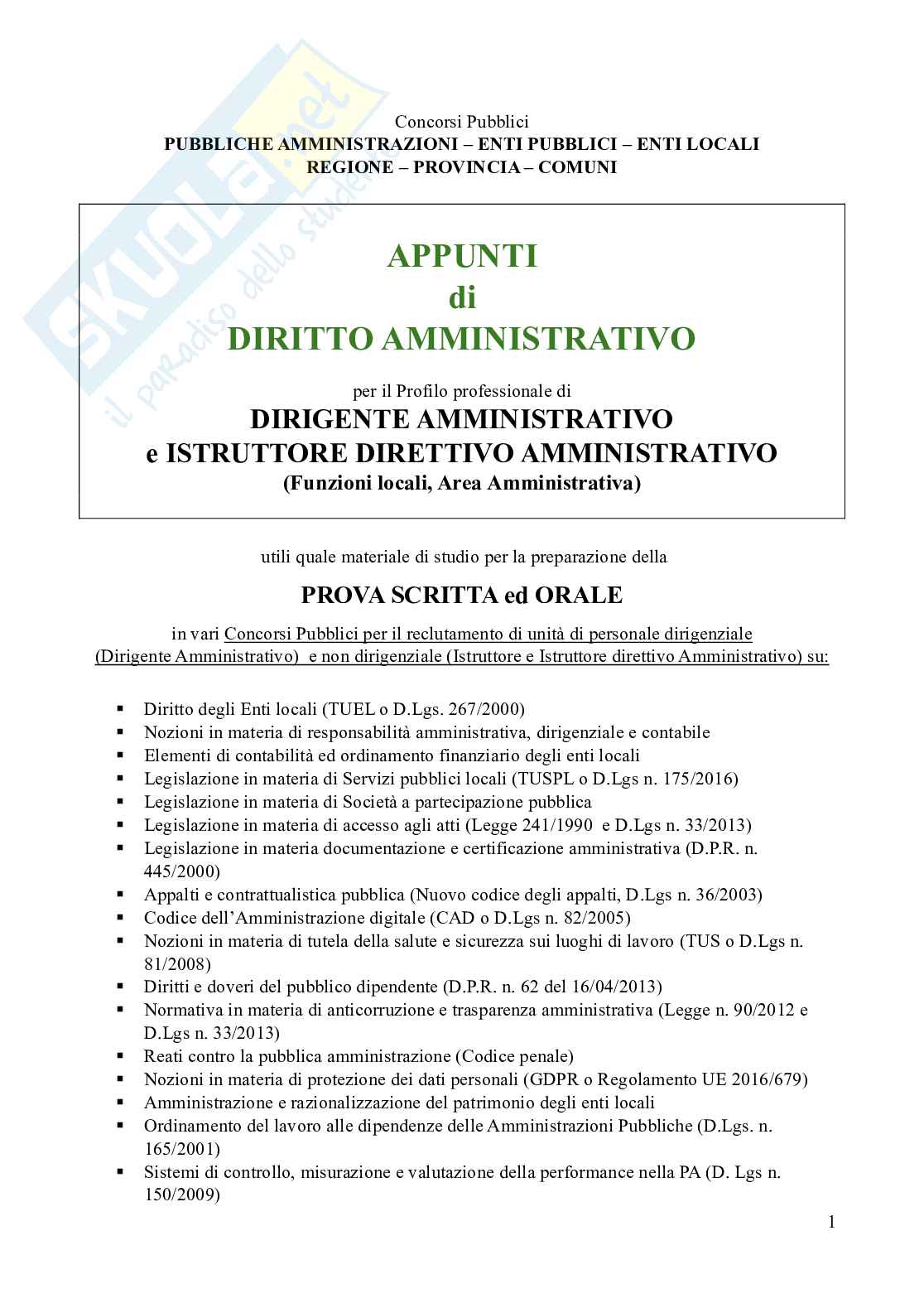 Appunti Diritto amministrativo per Concorso Pubblico per Dirigente Amministrativo e Istruttore direttivo amministrativo nella Pubblica Amministrazione Enti Locali Pag. 1