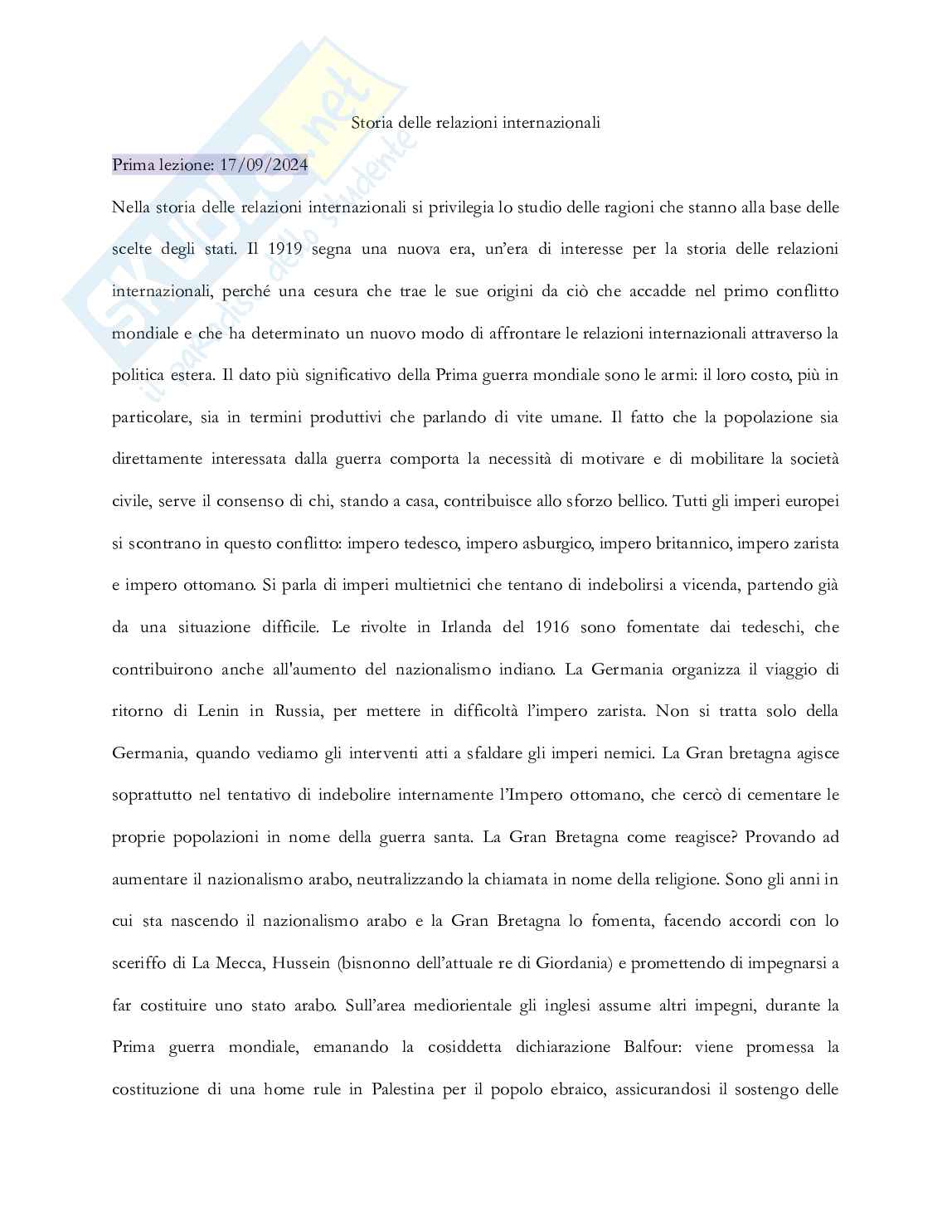 Riassunto esame Storia delle relazioni internazionali, Prof. Vignati Daniela, libro consigliato Storia delle relazioni internazionali , Di Nolfo  Pag. 1