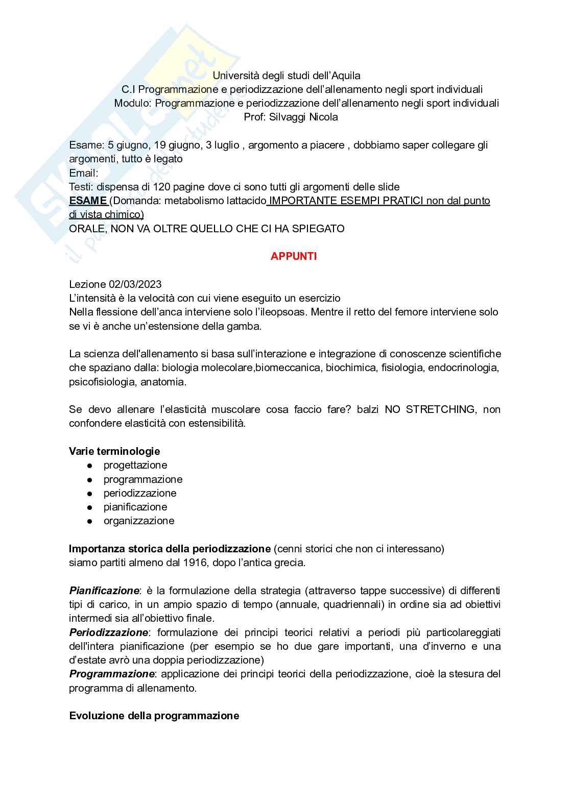  Modulo: Programmazione e periodizzazione dell’allenamento negli sport individuali Pag. 1