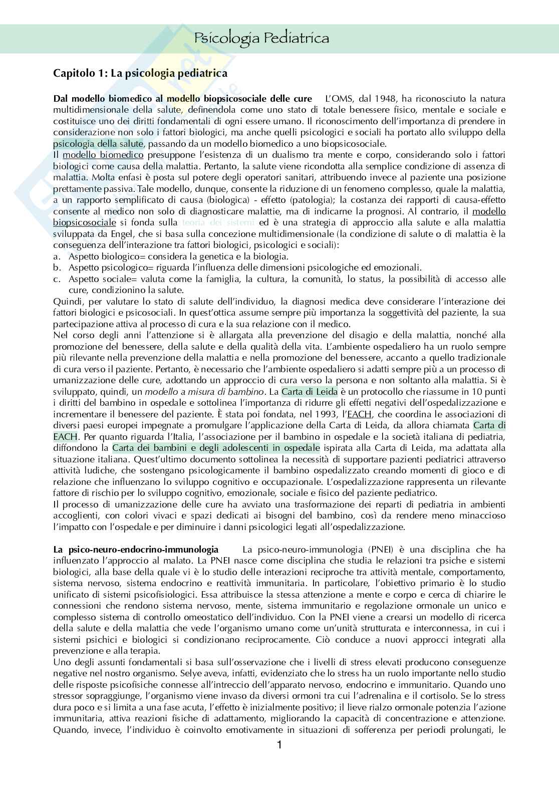 Riassunto esame Psicologia della salute del bambino, Prof. Bonichini Sabrina, libro consigliato Psicologia pediatrica, Sabrina Bonichini, Marta Tremolada Pag. 1