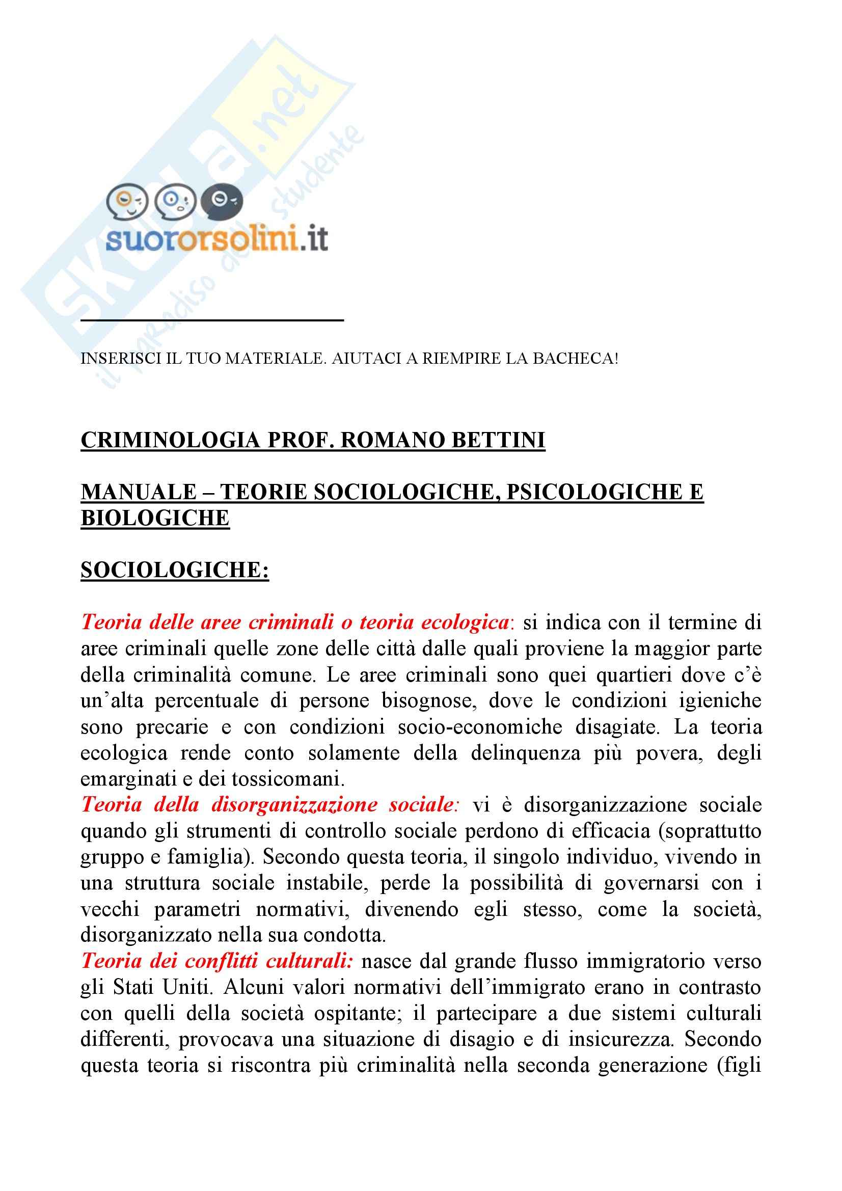 Teorie sociologiche, psicologiche e biologiche di criminologia - Riassunto esame, prof. Lugnano Pag. 1