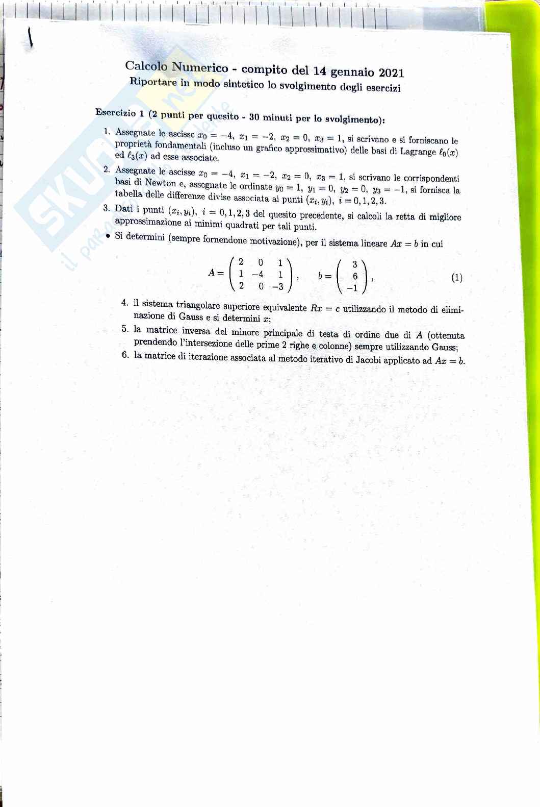 Esame Calcolo numerico 14 Gennaio 2021 Pag. 1