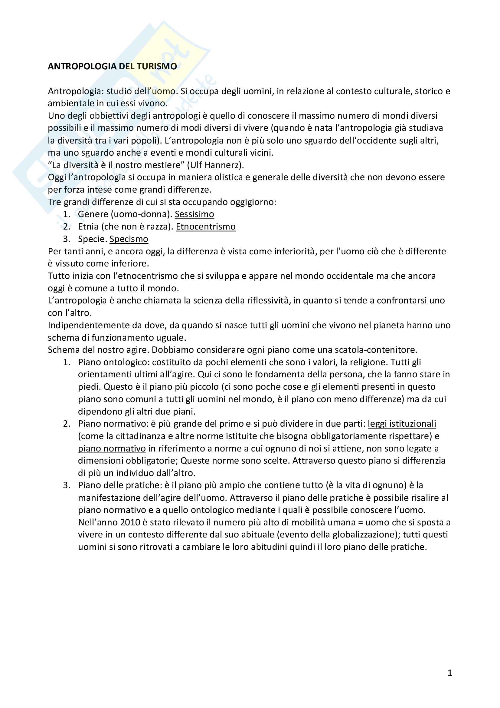 Corso di antropologia del turismo - Antropologia del turismo Pag. 1