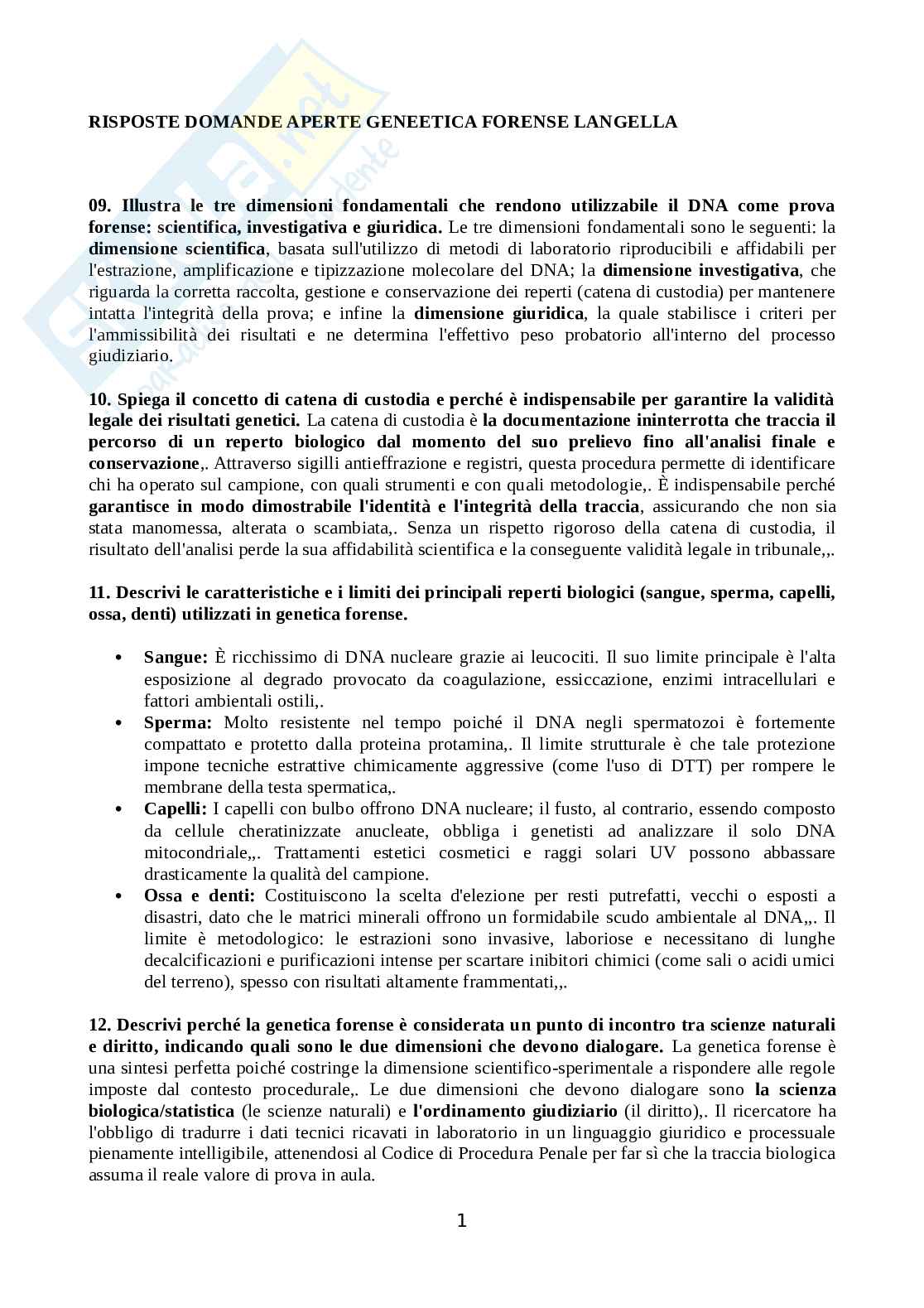 Set Domande aperte Genetica forense Pag. 1