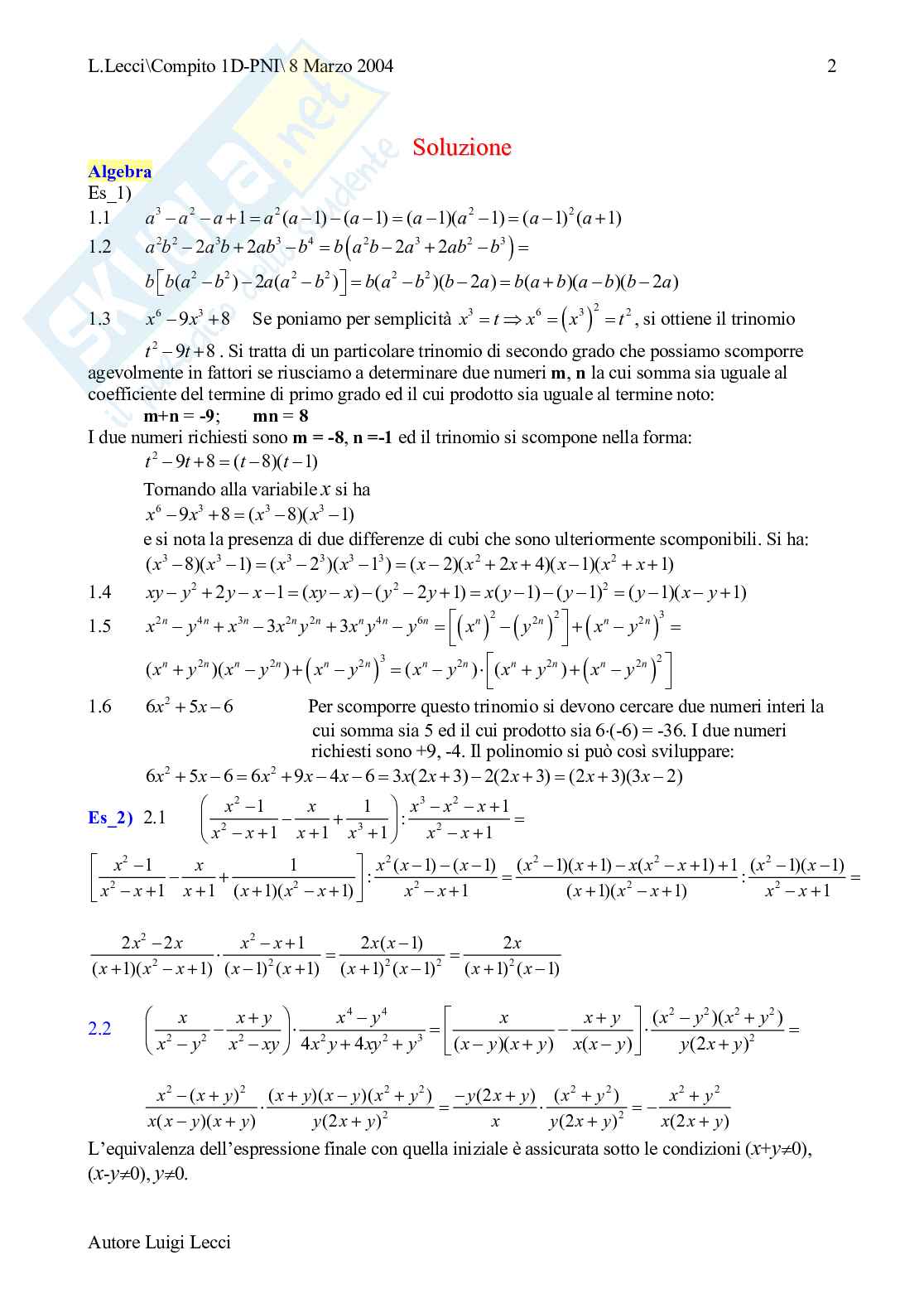 Compito, classe I, liceo scientifico: calcolo letterale, geometria, informatica Pag. 2