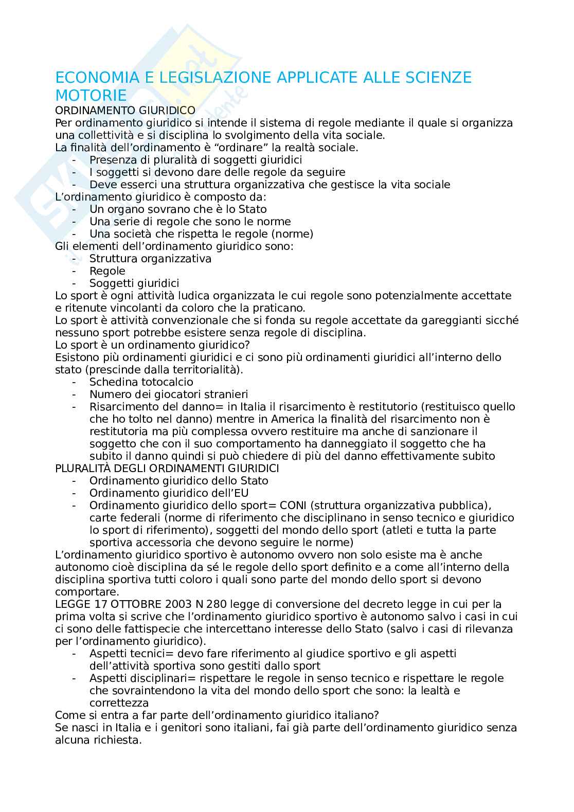 Legislazione applicata alle scienze motorie Pag. 1