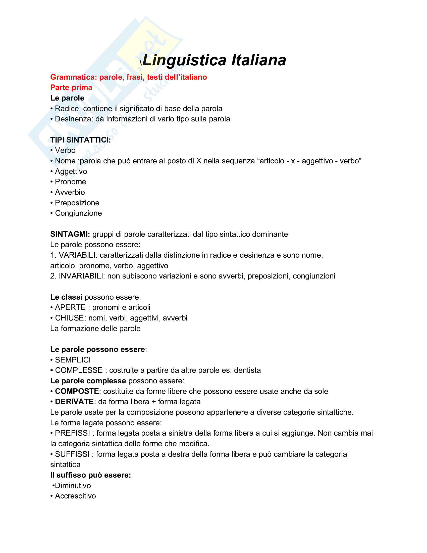 Riassunto esame linguistica italiana, prof Tavosanis, libro consigliato Grammatica: parole, frasi, testi dell'italiano, Ferrari, Zampese Pag. 2