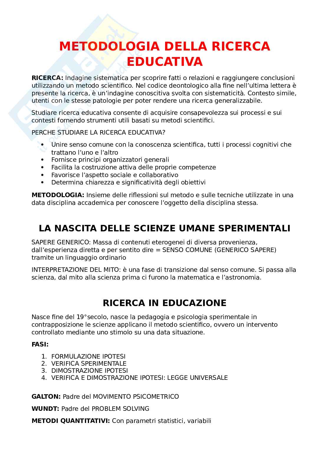 Metodologia della ricerca educativa - Educazione professionale Pag. 1