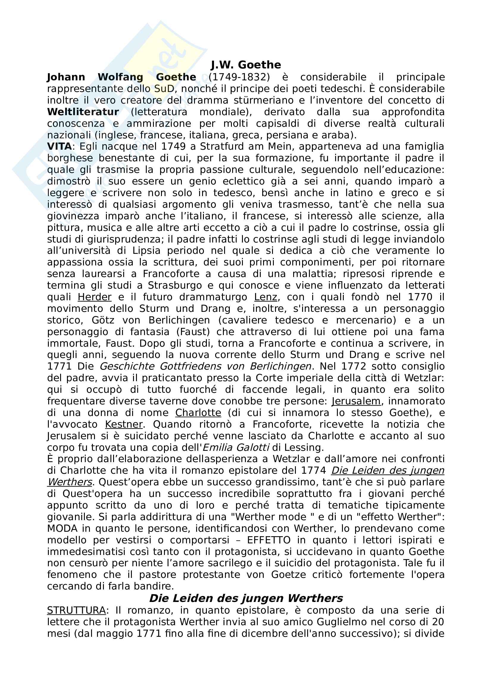 Letteratura tedesca: Goethe I - Biografia, pensiero e  Die Leiden des jungen Werthers Pag. 1