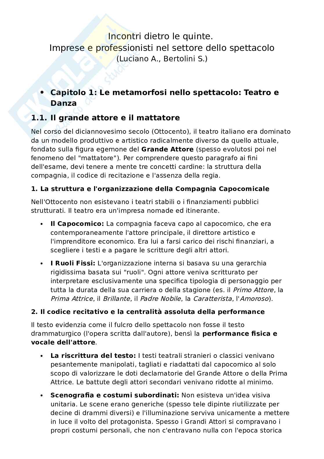 Riassunto esame Organizzazione e Economia dello Spettacolo, Prof. Biagiotti Andrea, libro consigliato Incontri dietro le quinte. Imprese e professionisti nel settore dello spettacolo, Luciano, Bertolini Pag. 1