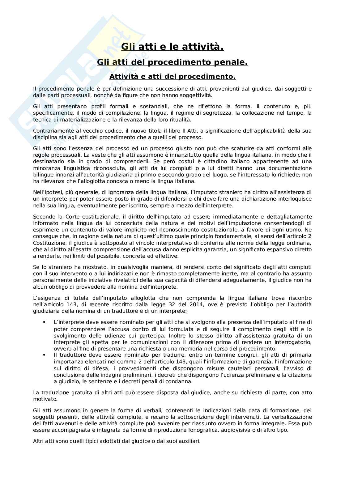 Gli atti e le attività del processo penale Pag. 1
