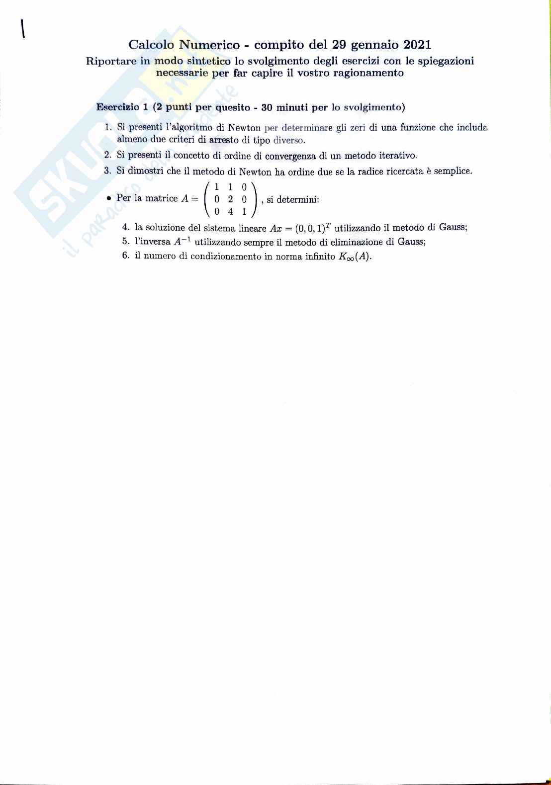 Esame Calcolo Numerico 29 Gennaio 2021 Pag. 1