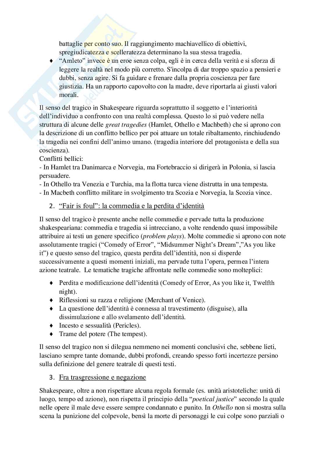 Riassunto esame Letteratura inglese, prof.ssa De Filippis, testo consigliato William Shakespeare e il senso del tragico Pag. 2