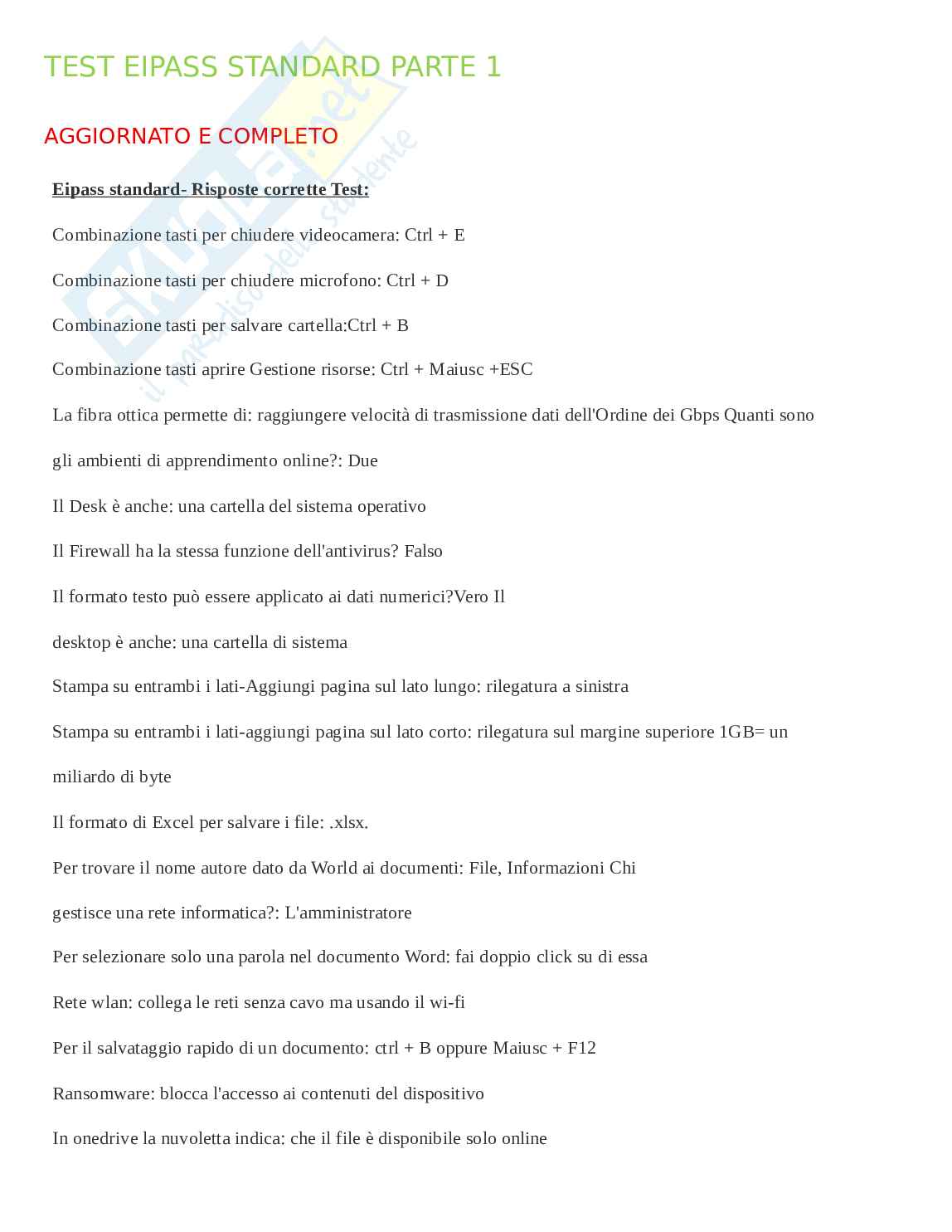 Domande Eipass Standard - Parte 1 e 2. Aggiornato e completo. In ordine Pag. 1