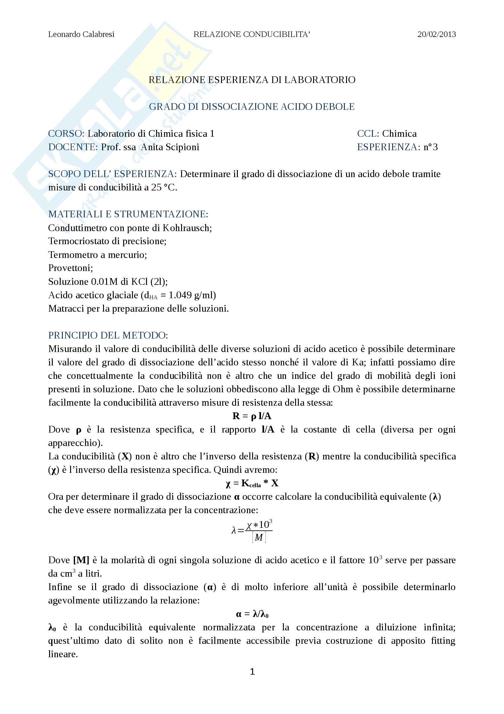 Relazione laboratorio (conducibilità elettrica), Chimica fisica Pag. 1