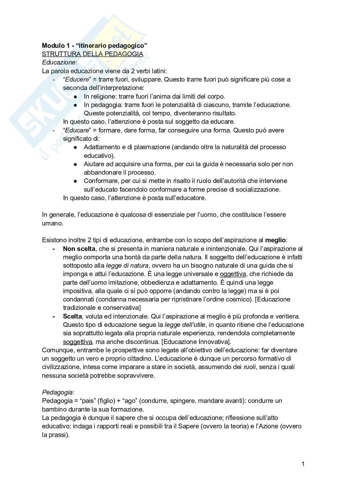 Riassunto esame Pedagogia , Prof. Costa Cosimo, libro consigliato Itinerario pedagogico; A scuola di libertà; Maria Montessori e le neuroscienze, Flores D’Arcais, Mortari, Regni Pag. 1