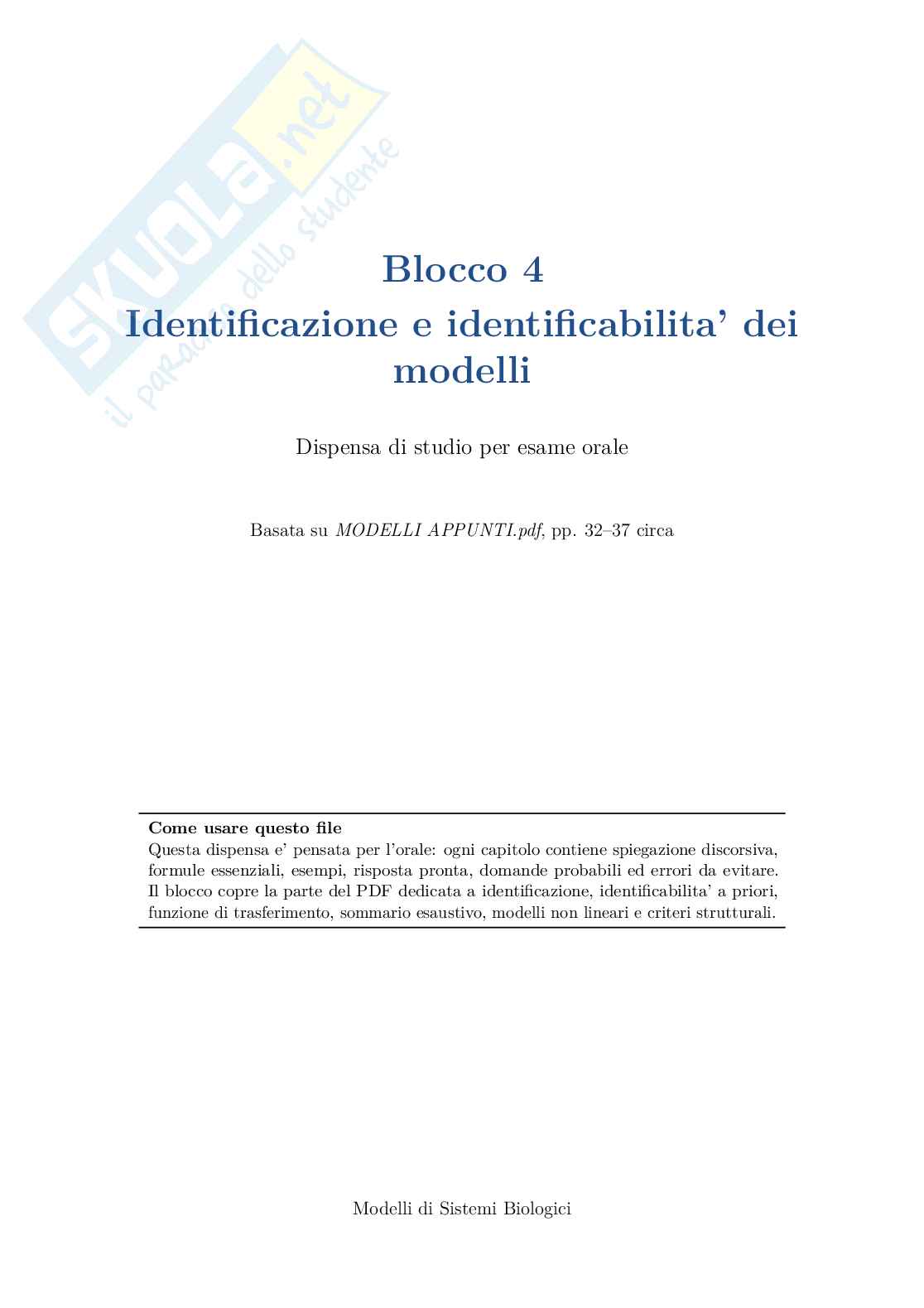 Blocco 4 Modelli di sistemi biologici - Identificazione e Identificabilità Pag. 1
