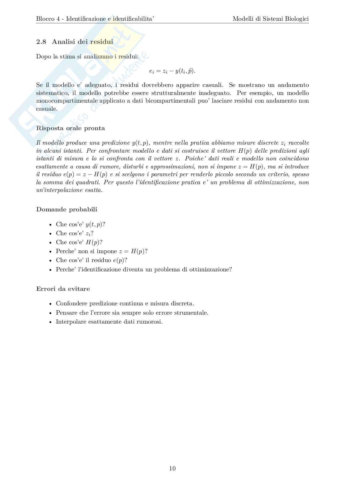Blocco 4 Modelli di sistemi biologici - Identificazione e Identificabilità Pag. 11